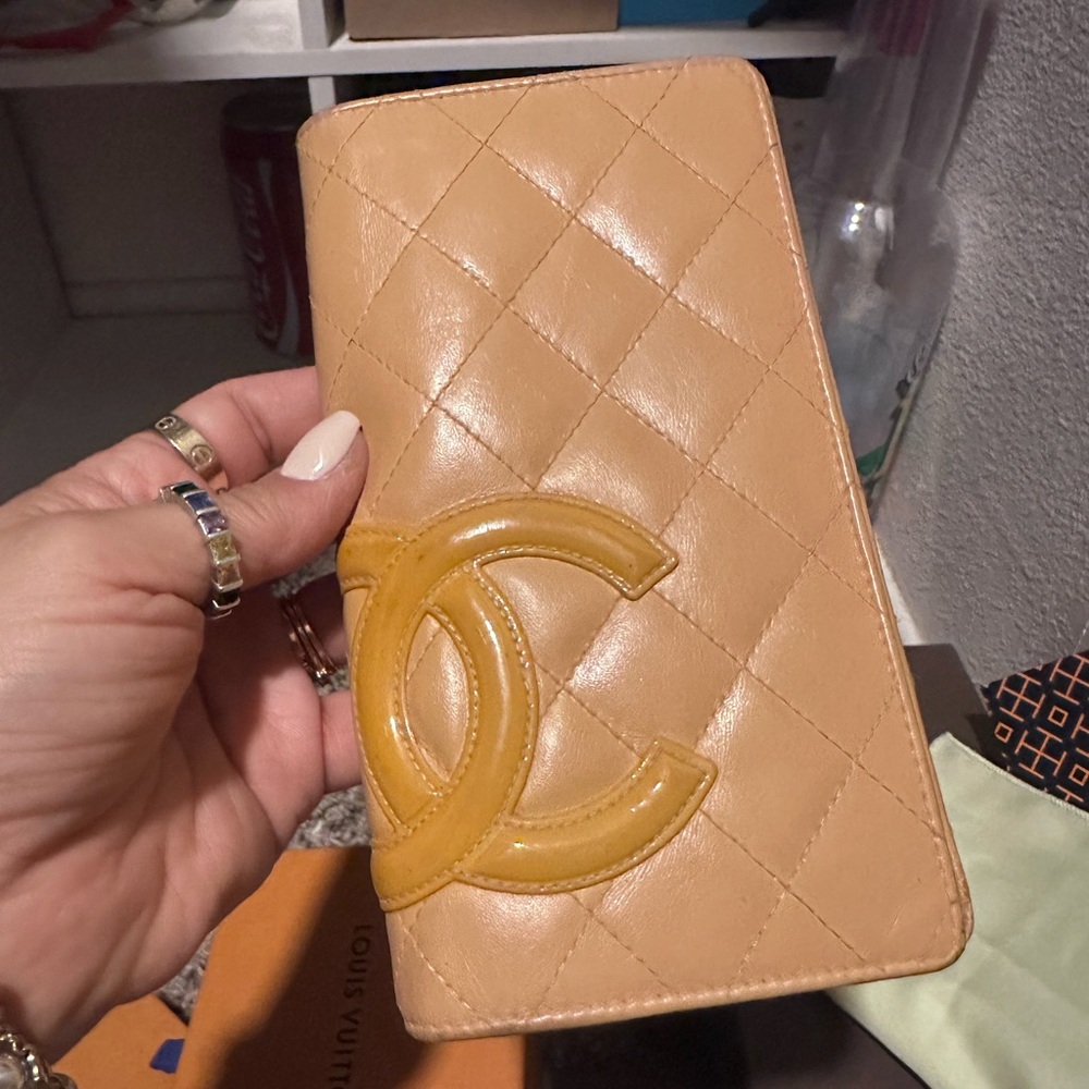Chanel Beige Quilted Wallet with Yellow Logo